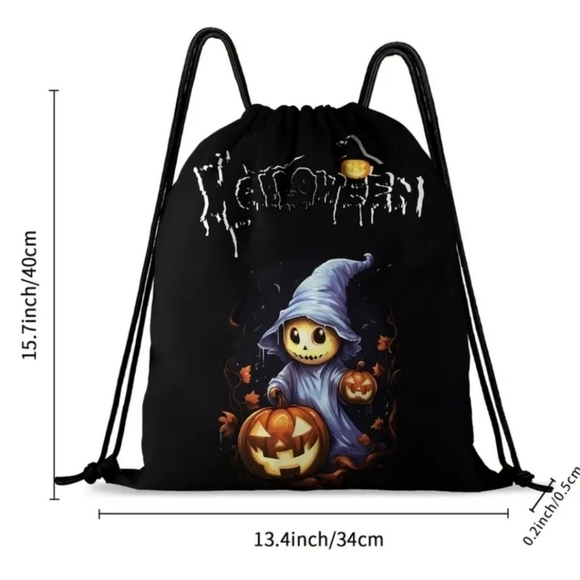 Pumpkin Ghost ✦ Drawstring Backpack ✦ Black Rope Bag w/ Spooky Graphics NWT - Picture 3 of 10